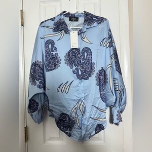 Printed Satin Bishop Sleeve Button Down Top